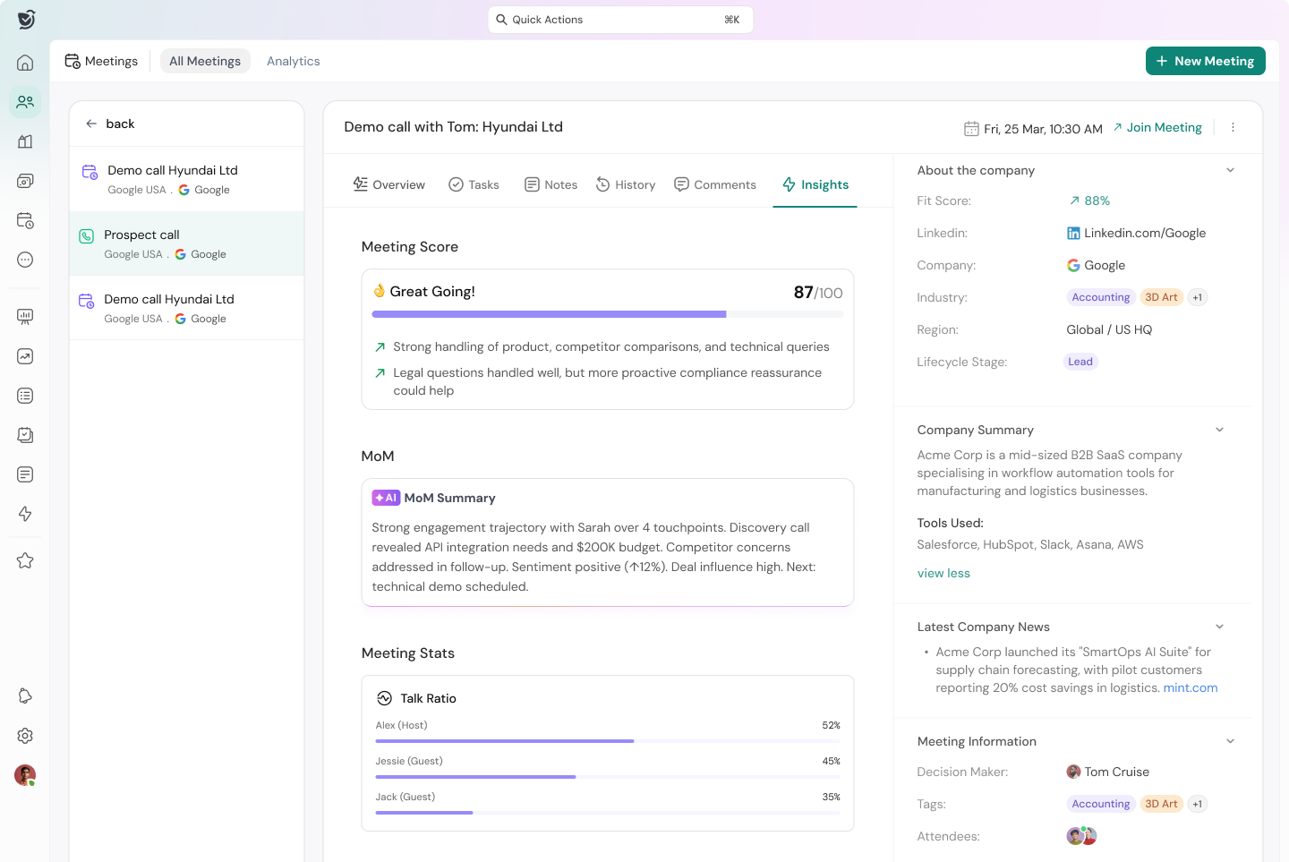 Sparrowcrm's post meeting analysis feature